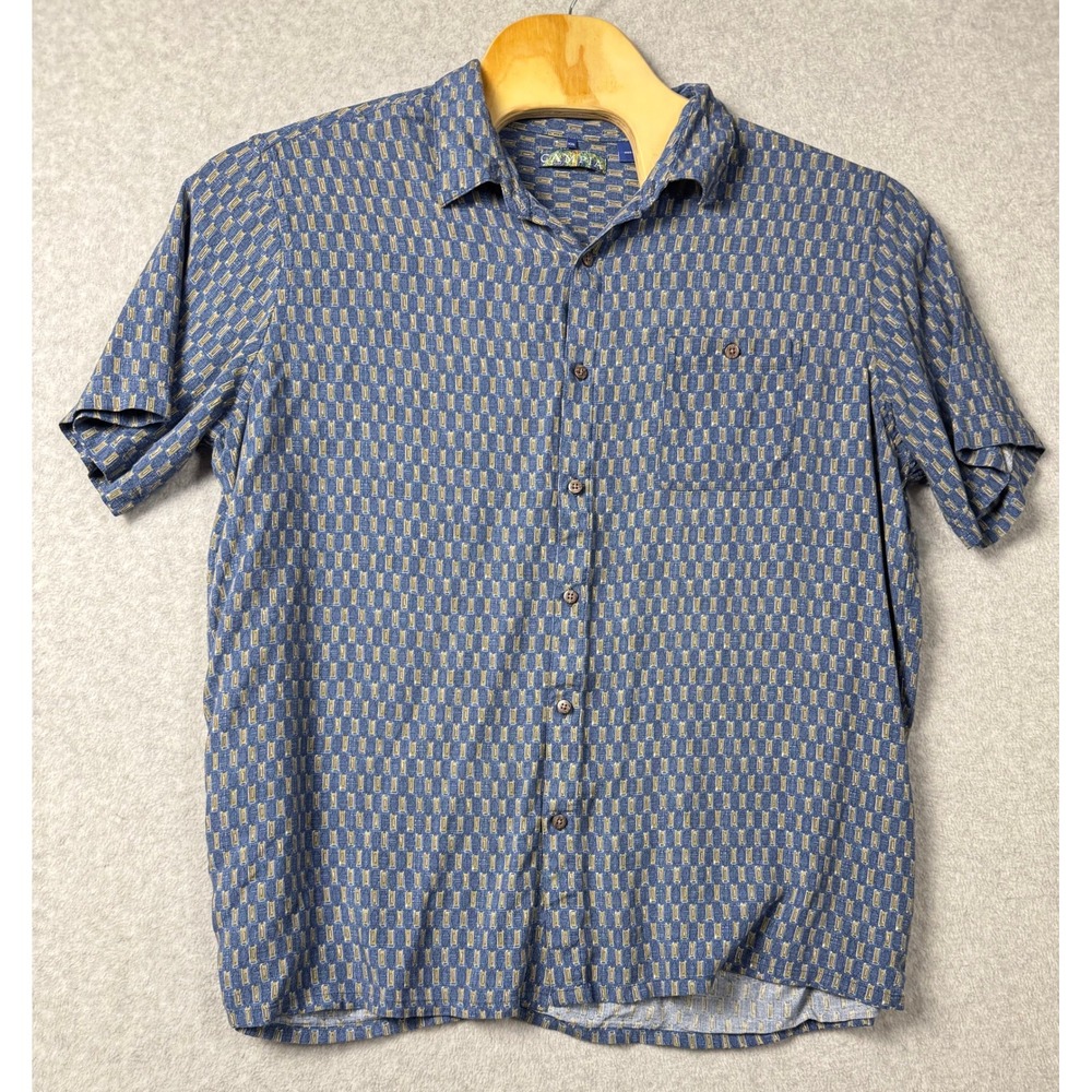 Campia Mens XXL Blue Geometric Print Rayon Short Sleeve Button Down Shirt